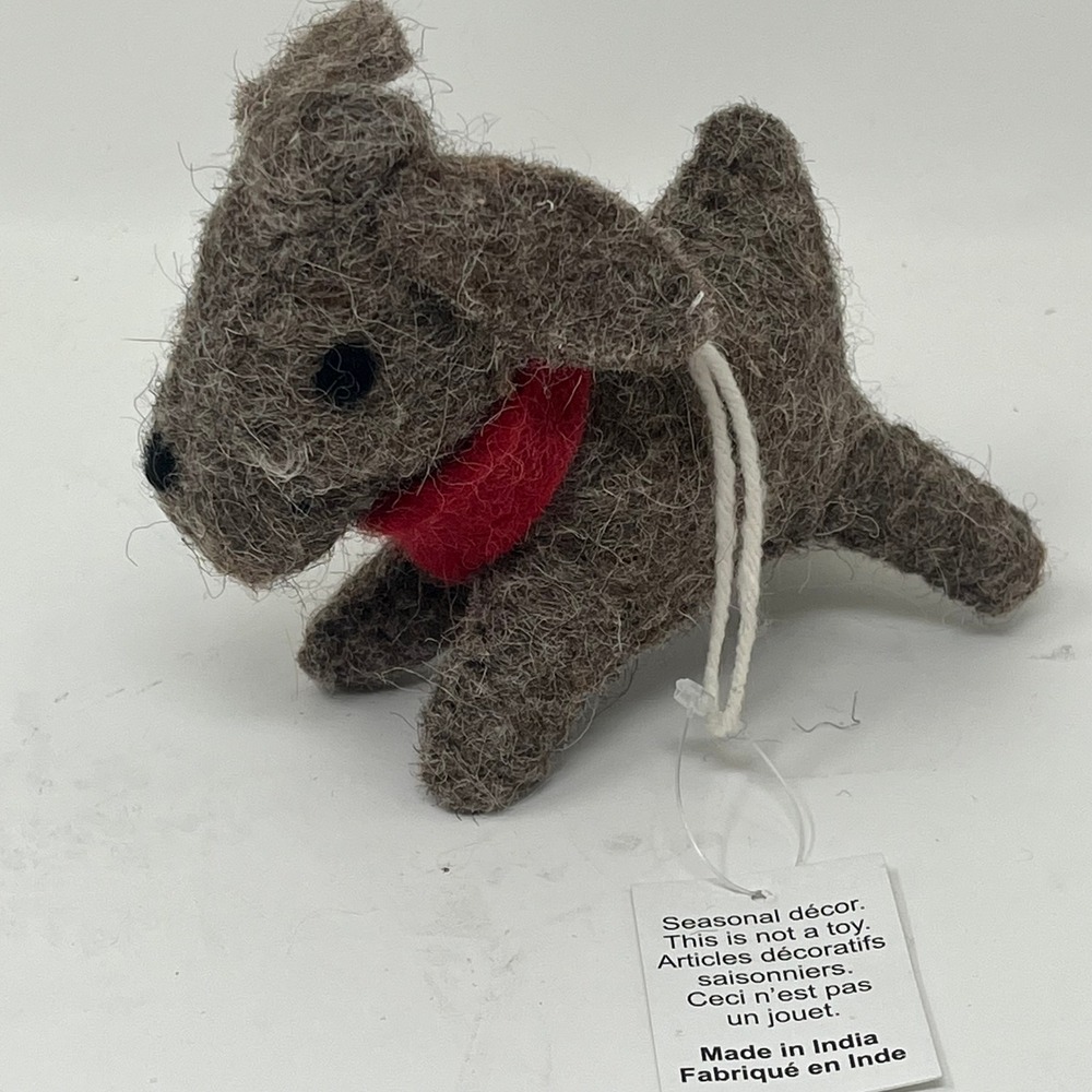 Reece & Riley Holiday Brown Dog Christmas Tree Ornaments Felt Gray Red Set of 2